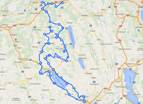 Die ungefähre Strecke der heutigen Etappe von Chénens nach Lucens.