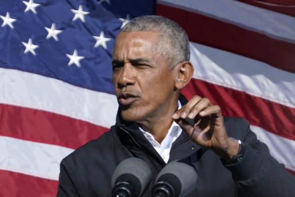 Former President Barack Obama speaks at a rally as he campaigns for Democratic presidential candidate former Vice President Joe Biden, Monday, Nov. 2, 2020, at Turner Field in Atlanta. (AP Photo/Brynn ...