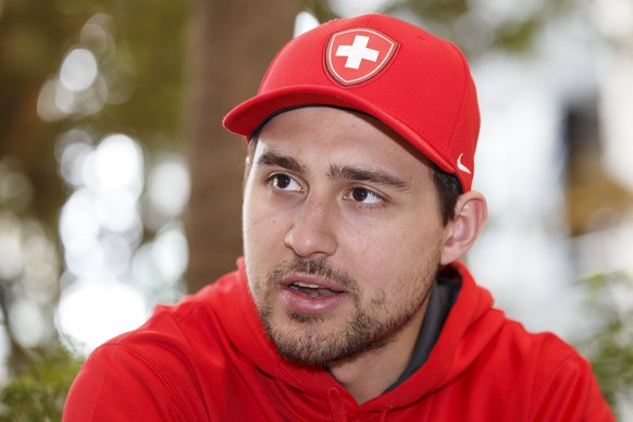 Switzerland&#039;s forward Nino Niederreiter speaks to the journalist, during the media opportunity of the Switzerland National Ice Hockey Team a training session, at the IIHF 2018 World Championship, ...
