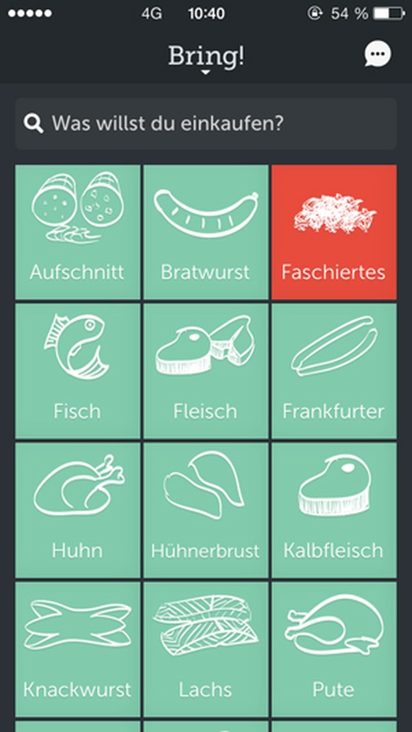 Screenshot Bring!-App, Spracheinstellung: Österreich