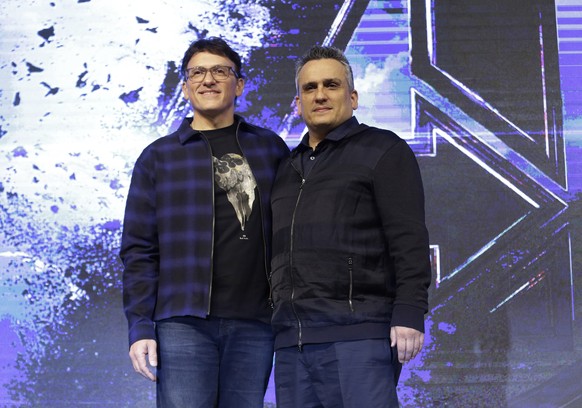 Director Anthony Russo, left, and Joe Russo pose during an Asia Press Conference to promote their latest film &quot;Avengers Endgame&quot; in Seoul, South Korea, Monday, April 15, 2019. The movie will ...