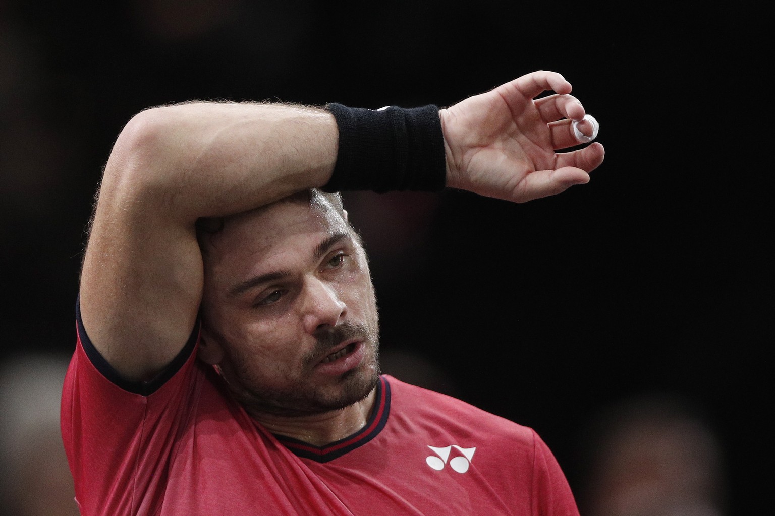 epa07963211 Stan Wawrinka of Switzerland in action against Rafael Nadal of Spain during their round of sixteen match at the Rolex Paris Masters tennis tournament in Paris, France, 31 October 2019. EPA ...