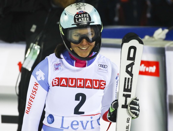 Switzerland&#039;s Wendy Holdener celebrates after completing an alpine ski, women&#039;s slalom in Levi, Finland, Saturday, Nov. 23, 2019. (AP Photo/Alessandro Trovati)