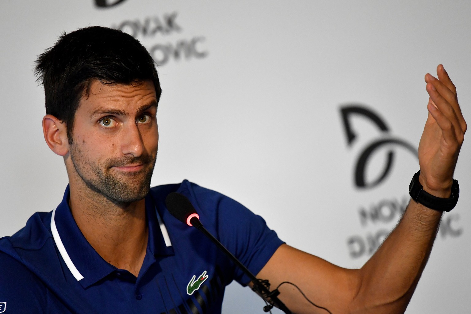 epa06110806 Serbian tennis player Novak Djokovic speaks during a press conference in Belgrade, Serbia, on 26 July 2017. Djokovic announced that he will not play again in the 2017 season due to an elbo ...