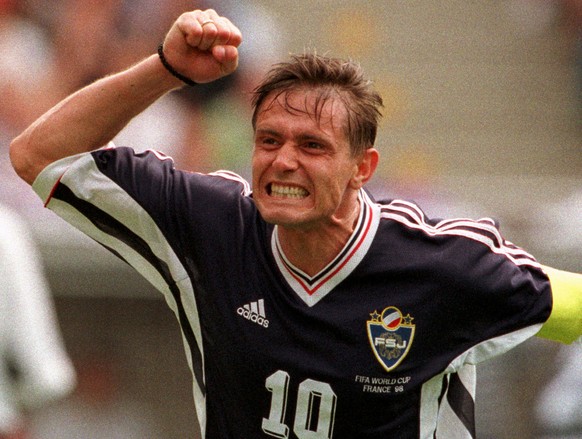 Dragan Stojkovic of Yugoslavia reacts after he scored his team&#039;s second goal against Germany during their World Cup Group F soccer match at Felix Bollaert stadium in Lens Sunday, June 21, 1998. O ...