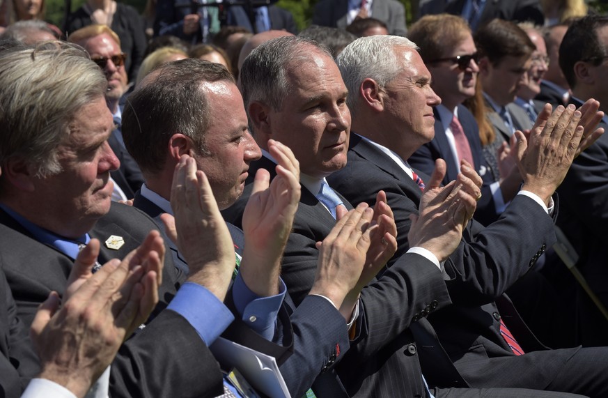 Administration officials, from left, White House chief strategist Steve Bannon, Chief of Staff Reince Priebus, Environmental Protection Agency Administrator Scott Pruitt, and Vice President Mike Pence ...