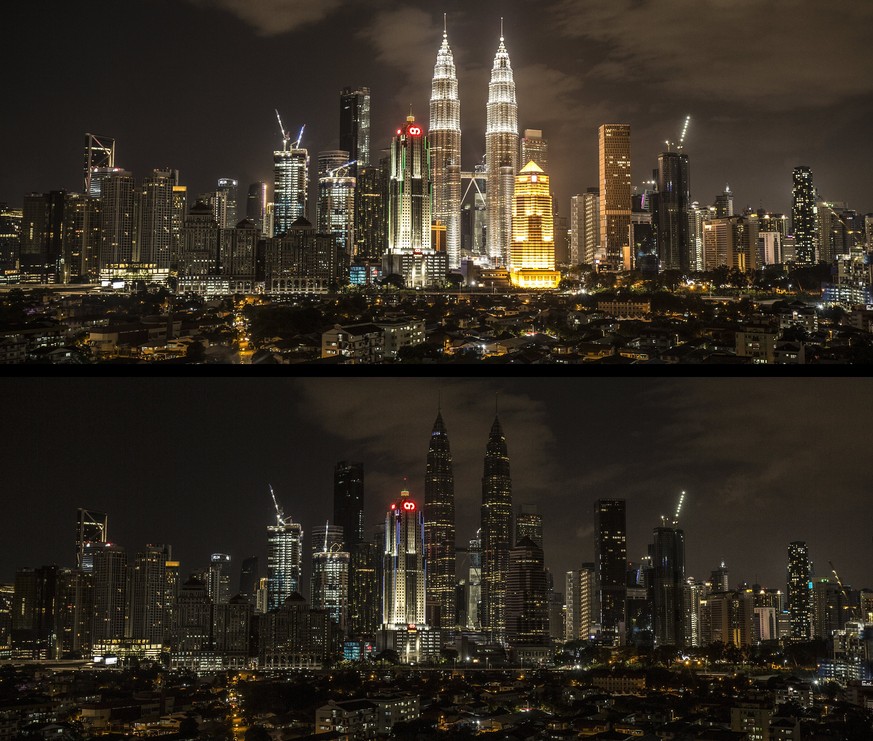epaselect epa06626496 A composite photo shows the Petronas Towers with light on (above) before and lights off (bottom) during Earth Hour in Kuala Lumpur, Malaysia, 24 March 2018. Earth Hour is an annu ...
