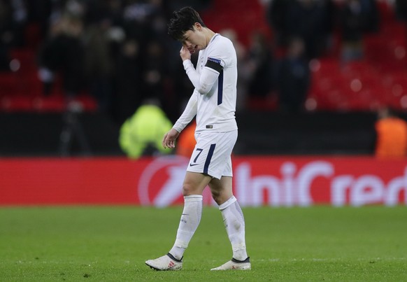 Tottenham&#039;s Son Heung-min walks off the filed at the end of the Champions League, round of 16, second-leg soccer match between Juventus and Tottenham Hotspur, at the Wembley Stadium in London, We ...