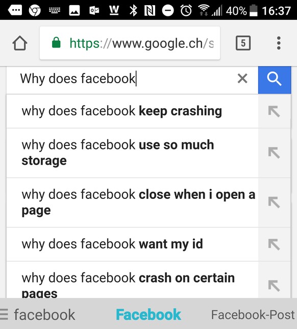 Facebook-Nutzer wollen von Google besonders oft wissen, warum die App immer wieder abstürzt und so viel Speicherplatz belegt.