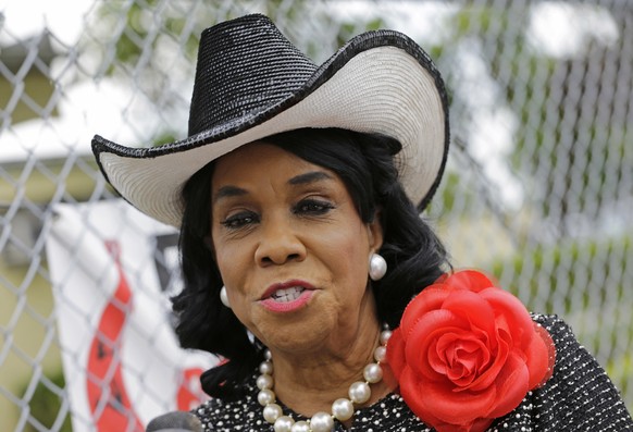 FILE- In this Wednesday, Oct. 18, 2017, file photo, Rep. Frederica Wilson, D-Fla., talks to reporters in Miami Gardens, Fla. Wilson is asking White House Chief of Staff John Kelly to apologize for mak ...