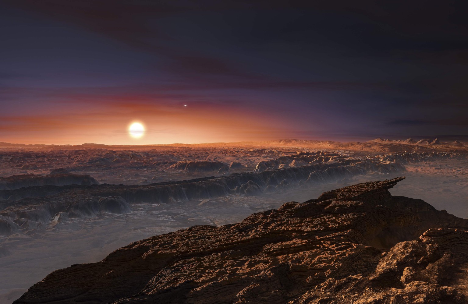 EMBARGOED UNTIL 24 August 2016 AT 1PM ET/1700GMTA view of the surface of the planet Proxima b orbiting the red dwarf star Proxima Centauri, the closest star to our Solar System, is seen in an undated  ...