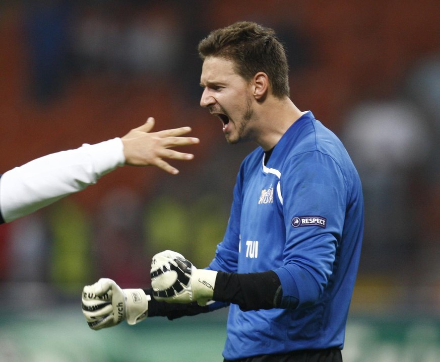 Zurich goalkeeper Johnny Leoni reacts at the end of a Champions League, Group C, soccer match between AC Milan and Zurich, at the Milan San Siro stadium, Italy, Wednesday, Sept. 30, 2009. Zurich won 1 ...