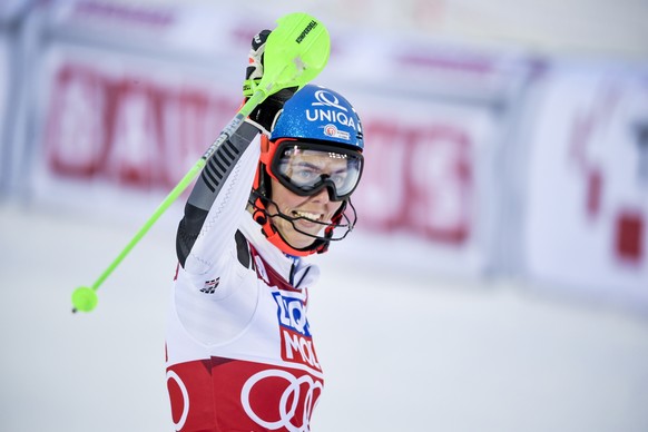 epa09070117 Winner Petra Vlhova of Slovakia reacts in the finish area during the second run of the women&#039;s slalom at the FIS Alpine Skiing World Cup in Are, Sweden, 12 March 2021. EPA/Pontus Lund ...