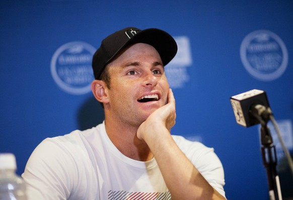 Andy Roddick speaks during a press conference at the Atlanta Open tennis tournament Monday, July 27, 2015, in Atlanta. Roddick is coming out of retirement to play doubles with friend Mardy Fish in the ...