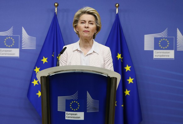 European Commission President Ursula von der Leyen makes a statement on camera, after a phone call with British Prime Minister Boris Johnson, at EU headquarters in Brussels, Saturday, Dec. 5, 2020. (J ...