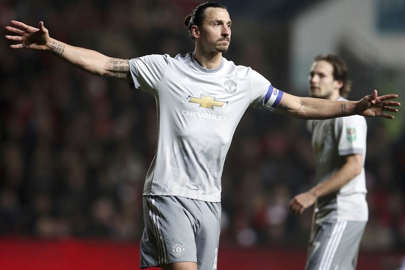 Manchester United&#039;s Zlatan Ibrahimovic celebrates scoring his side&#039;s first goal of the game during the English League Cup Quarter Final soccer match between Bristol City and Manchester Unite ...