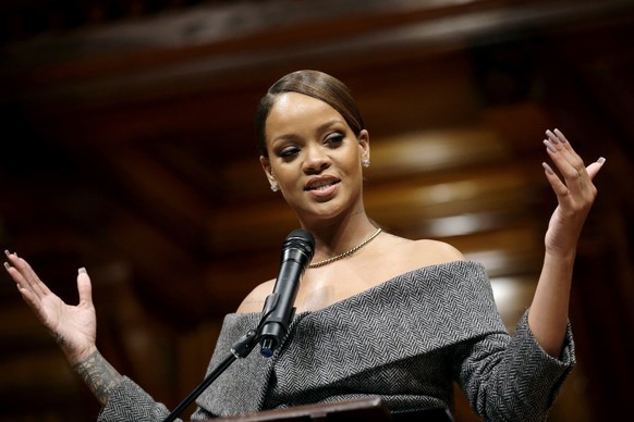 Singer Rihanna addresses an audience after being presented with the 2017 Harvard University Humanitarian of the Year Award during ceremonies, Tuesday, Feb. 28, 2017, at the Sanders Theatre on the scho ...