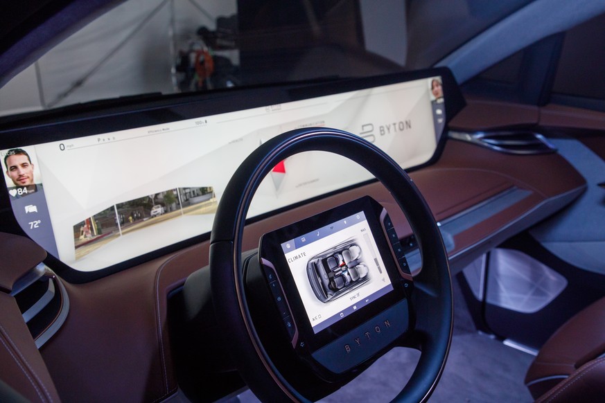 epa07193996 The over-sized dash display screen of the Byton M-Byte electric crossover SUV is shown on display at the Automobility LA auto show in Los Angeles, California, USA, 27 November 2018. The sh ...