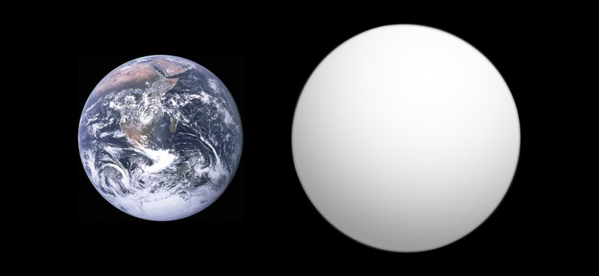 Kepler-296e (r.) im Grössenvergleich mit unserer Erde.&nbsp;