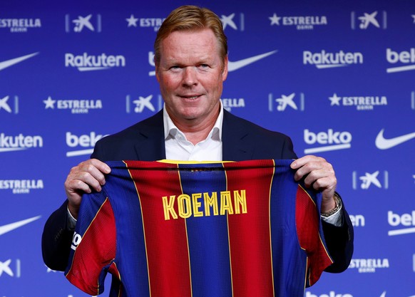 epa08613030 Dutch coach Ronald Koeman reacts during his presentation as the club&#039;s new head coach in Barcelona, Spain, 19 August 2020. Koeman, who has just rescinded contract with the Dutch Natio ...