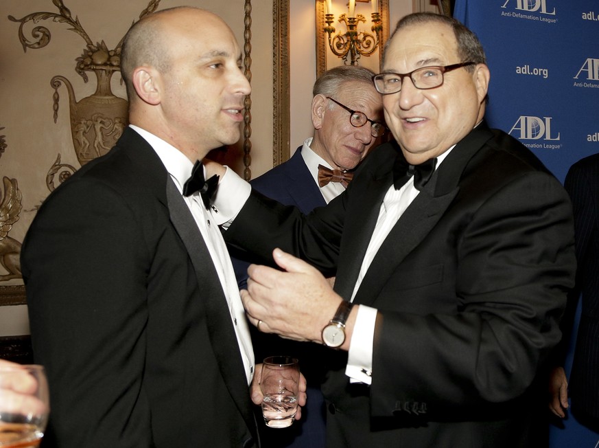 FILE - In this Wednesday, June 17, 2015 file photo, Jonathan Greenblatt, left, incoming national director for the Anti-Defamation League, talks with Abe Foxman, outgoing director of the ADL, in New Yo ...