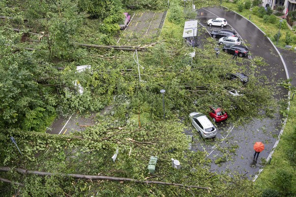epa09341832 Fallen trees and broken branches have buried and heavily damaged cars after the severe thunderstorm on the Kaeferberg in Zurich, Switzerland, 13 July 2021. Violent thunderstorms with heavy ...