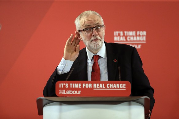 Britain&#039;s opposition Labour party leader Jeremy Corbyn delivers a speech during their election campaign event on Brexit in Harlow, England, Tuesday, Nov. 5, 2019. Britain goes to the polls on Dec ...