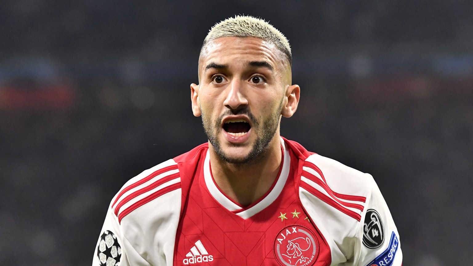 FILE - In this Wednesday, May 8, 2019 file photo, Ajax&#039;s Hakim Ziyech reacts during their Champions League semifinal second leg soccer match against Tottenham Hotspur at the Johan Cruyff ArenA in ...