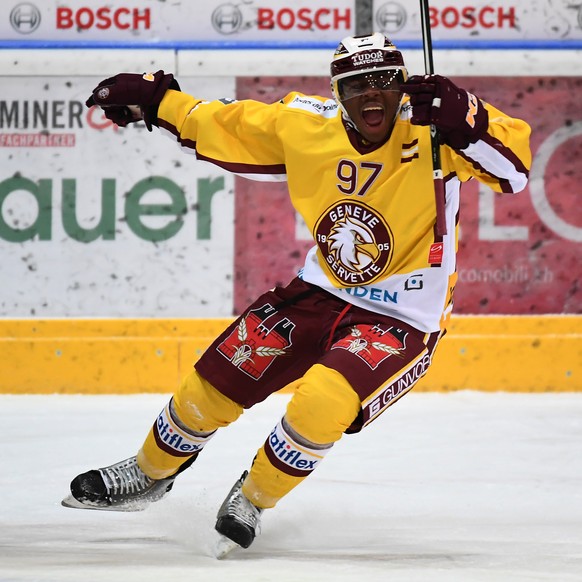 Geneve-Servette&#039;s player Auguste Impose celebrates the 1-2 goal, during the preliminary round game of National League A (NLA) Swiss Championship between HC Ambri Piotta and Geneve Servette HC, at ...