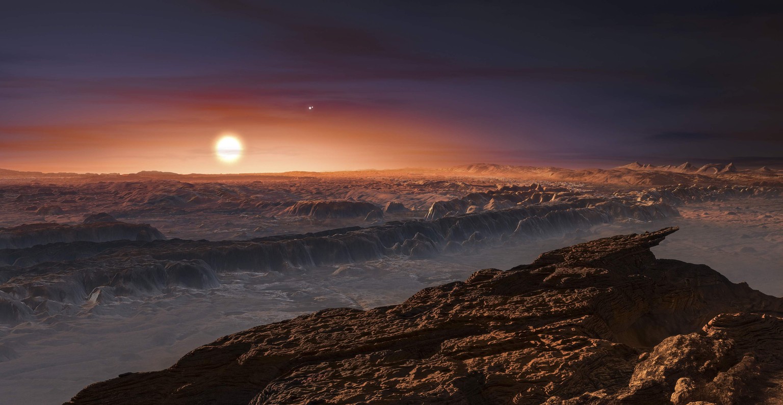 EMBARGOED UNTIL 24 August 2016 AT 1PM ET/1700GMTA view of the surface of the planet Proxima b orbiting the red dwarf star Proxima Centauri, the closest star to our Solar System, is seen in an undated  ...