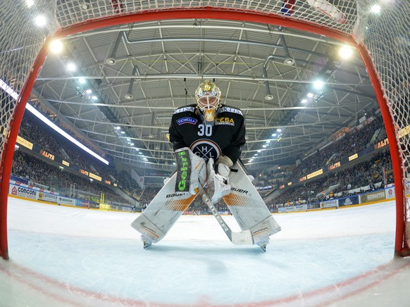 LuganoÕs goalkeeper Elvis Merzlikins reacts during the sixth match of the semifinal of National League Swiss Championship 2017/18 between HC Lugano and EHC Bienne, at the ice stadium Resega in Lugano, ...