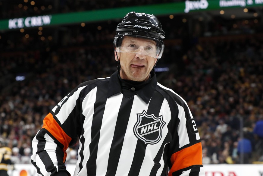 BOSTON, MA - APRIL 27: Referee Tim Peel (20) during Game 2 of the Second Round 2019 Stanley Cup Playoffs between the Boston Bruins and the Columbus Blue Jackets on April 27, 2019, at TD Garden in Bost ...