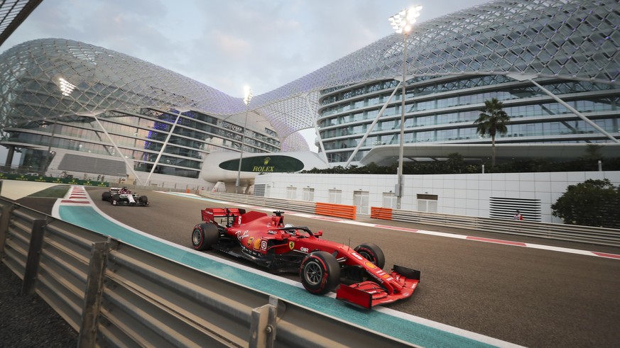 Ferrari driver Sebastian Vettel of Germany in action during the qualifying at the Formula One Abu Dhabi Grand Prix in Abu Dhabi, United Arab Emirates, Saturday, Dec. 11, 2020. (AP Photo/Kamran Jebreil ...