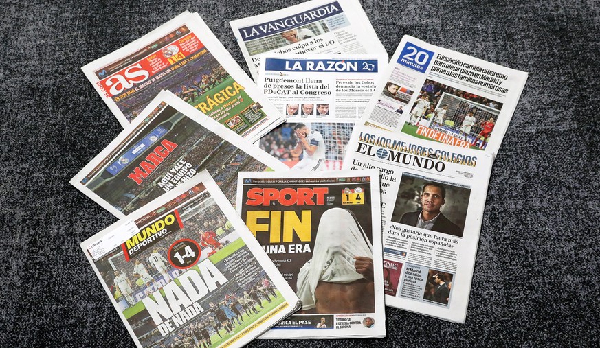 epa07416617 Frontpages of Spanish daily newspapers published on 06 March 2019 referring to the UEFA Champions League round of 16, second leg soccer match between Real Madrid and Ajax Amsterdam in Madr ...