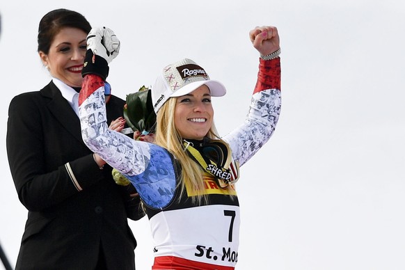 epa05776012 Bronze medalist Switzerland&#039;s Lara Gut celebrates on the podium during the Winner&#039;s Presentation in the finish area after the women&#039;s Super-G at the 2017 FIS Alpine Skiing W ...