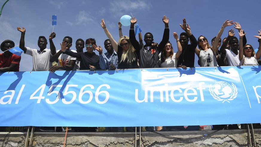 DISTRIBUTED FOR UNICEF - Italian Coastguard, children, volunteers and officials take part in a symbolic rescue of paper boats to send a message to the G7 leaders to take action to safeguard children o ...