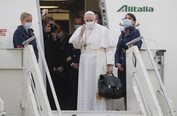 Pope Francis prepares to leave from Fiumicino&#039;s International airport Leonardo da Vinci, near Rome, for Baghdad, Iraq, Friday, March 5, 2021. Pope Francis is bound to Iraq for a four-day visit to ...