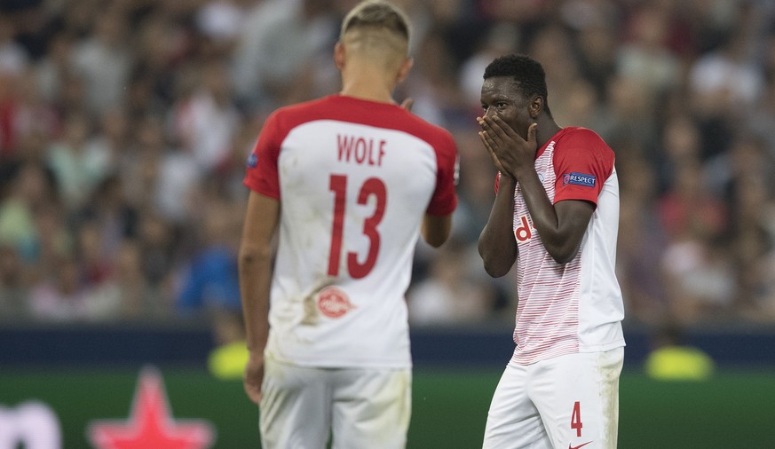 epa06982391 Salzburg&#039;s Hannes Wolf (L) and Amadou Haidara (R) react during the UEFA Champions League playoff second leg soccer match between FC Salzburg and FC Red Star Belgrade, in Salzburg, Aus ...