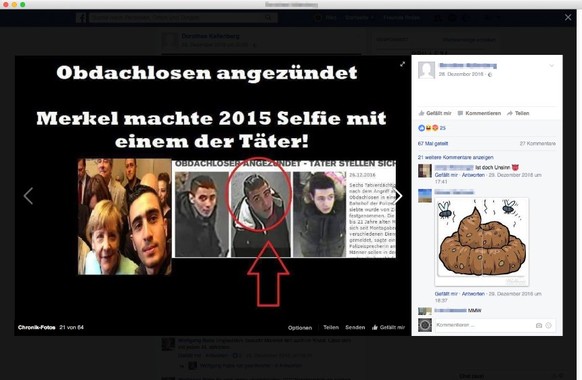 Screenshot eines Facebook-Beitrags. Der Post verbreitet die Falschmeldung, Anas Modamani sei ein Terrorist.