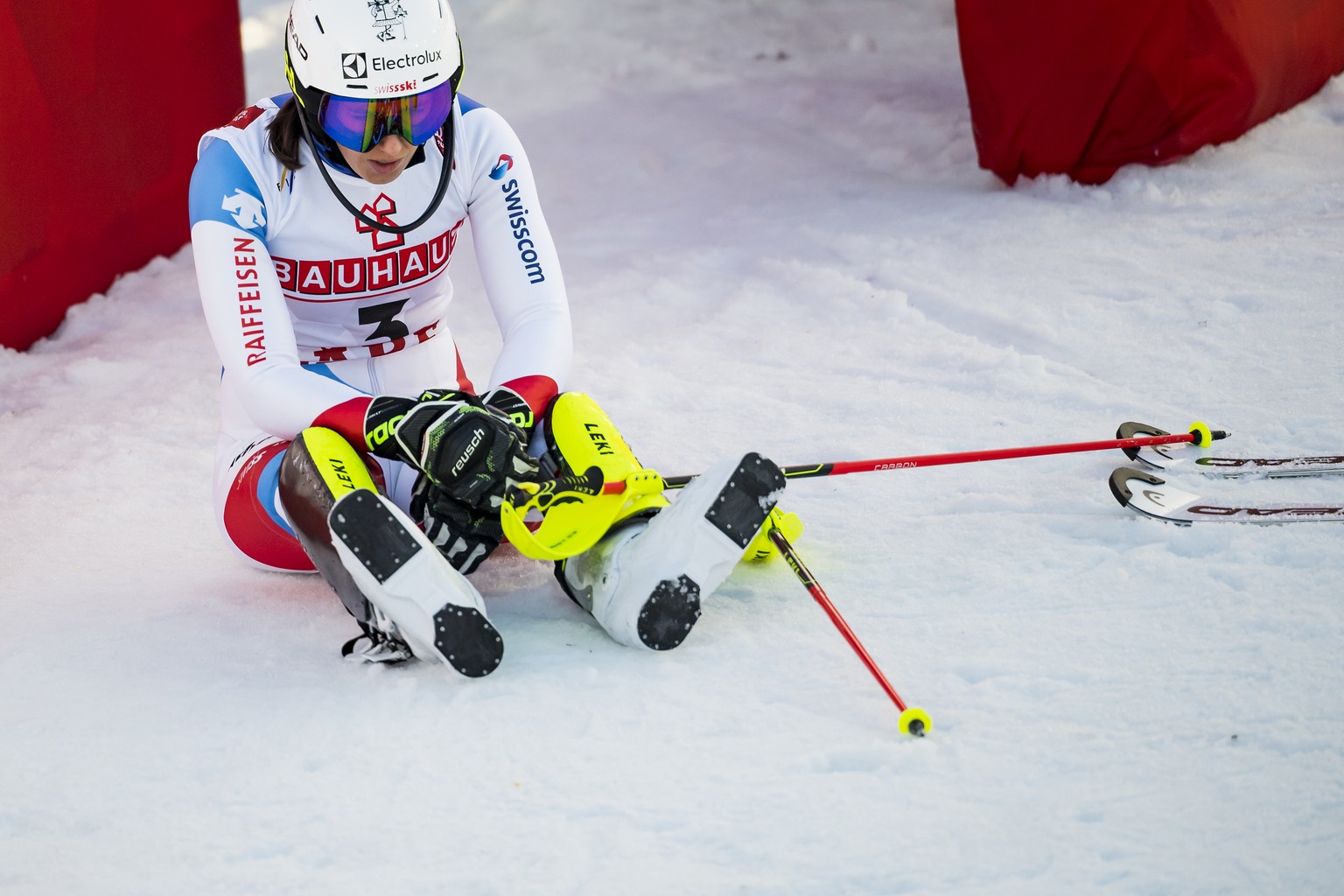 Wendy Holdener of Switzerland reacts in the finish area during the second run of the women Slalom race at the 2019 FIS Alpine Skiing World Championships in Are, Sweden Saturday, February 16, 2019. (KE ...
