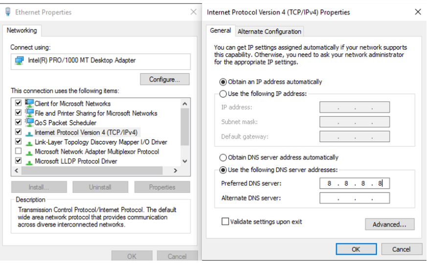 Beispiel, wie man unter Windows 10 eine DNS-Sperre umgehen kann: Einfach die IP-Adresse 8.8.8.8 eintragen.