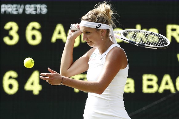 Timea Bacsinszky of Switzerland reacts during her third round match against Agnieszka Radwanska of Poland at the Wimbledon Championships at the All England Lawn Tennis Club, in London, Britain, 08 Jul ...