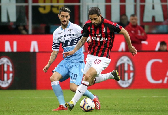 epa07504590 Lazio&#039;s Luis Alberto (L) in action against AC Milan&#039;s Ricardo Rodriguez during the Italian Serie A soccer match between AC Milan and SS Lazio at Giuseppe Meazza stadium in Milan, ...