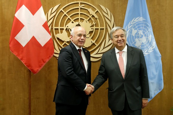 Switzerland&#039;s President Ueli Maurer, left, shakes hands with United Nations Secretary-General Antonio Guterres at U.N. headquarters in New York, Monday, Sept. 23, 2019. (AP Photo/Seth Wenig)
Ueli ...