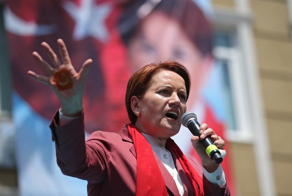 epa06790811 Meral Aksener, the leader and Presidential candidate of the Turkish opposition &#039;Good Party&#039; (IYI) speaks during an election campaign, in Istanbul, Turkey, 07 June 2018. Turkish P ...