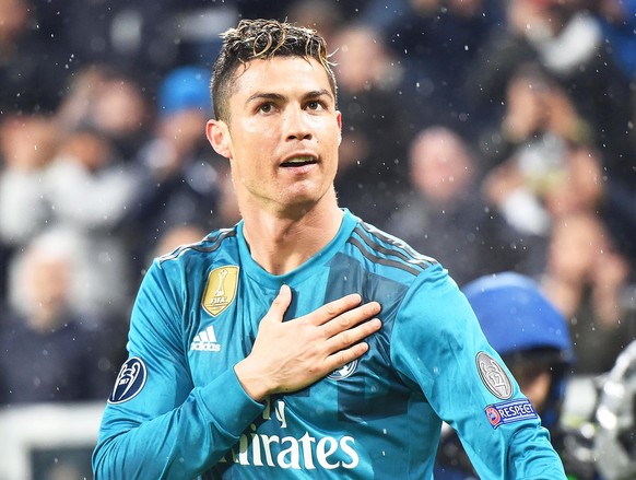 epa06878257 (FILE) - Real Madrid&#039;s Cristiano Ronaldo celebrates after scoring the 2-0 lead during the UEFA Champions League quarter final, first leg soccer match between Juventus FC and Real Madr ...