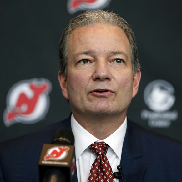 FILE - In this Tuesday, June 2, 2015 file photo, New Jersey Devils general manager Ray Shero speaks during a NHL hockey news conference introducing John Hynes as the team&#039;s new head coach in Newa ...