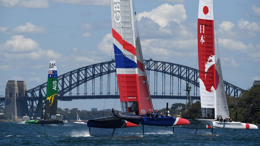 epa07349216 Australia, Britain and Japan race their F50 Catamarans during their first practice and training run ahead of the inaugural Sail GP on Sydney Harbour, Sydney, Australia, 07 February 2019. T ...
