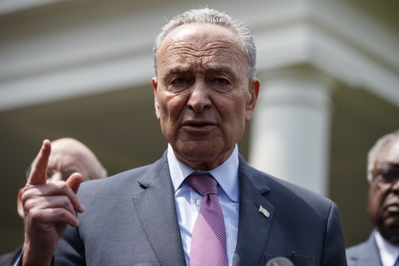 Senate Minority Leader Sen. Chuck Schumer of N.Y., speaks with reporters after meeting with President Donald Trump about infrastructure, at the White House, Tuesday, April 30, 2019, in Washington. (AP ...