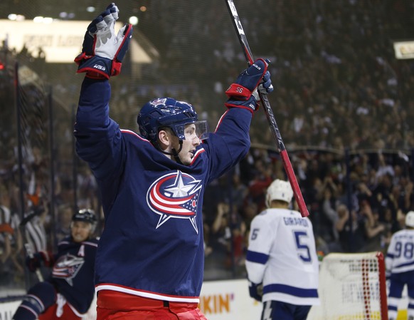 Columbus Blue Jackets&#039; Matt Duchene celebrates his goal against the Tampa Bay Lightning during the second period of Game 3 of an NHL hockey first-round playoff series Sunday, April 14, 2019, in C ...